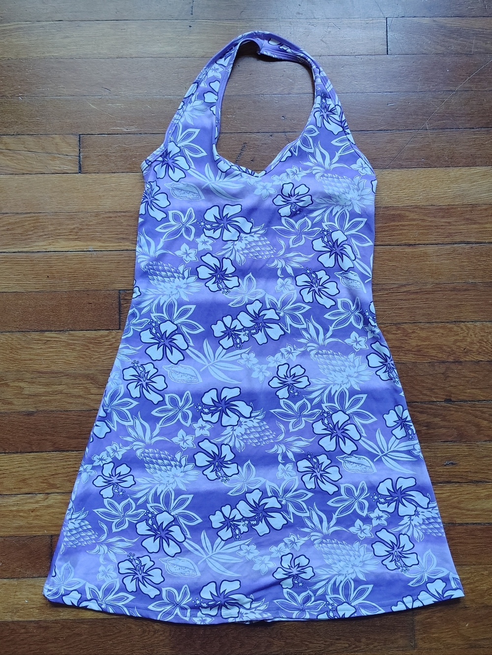 90s Y2K Hibiscus Hawaiian Mini Dress Purple Tropical Beach Sundress Medium Large